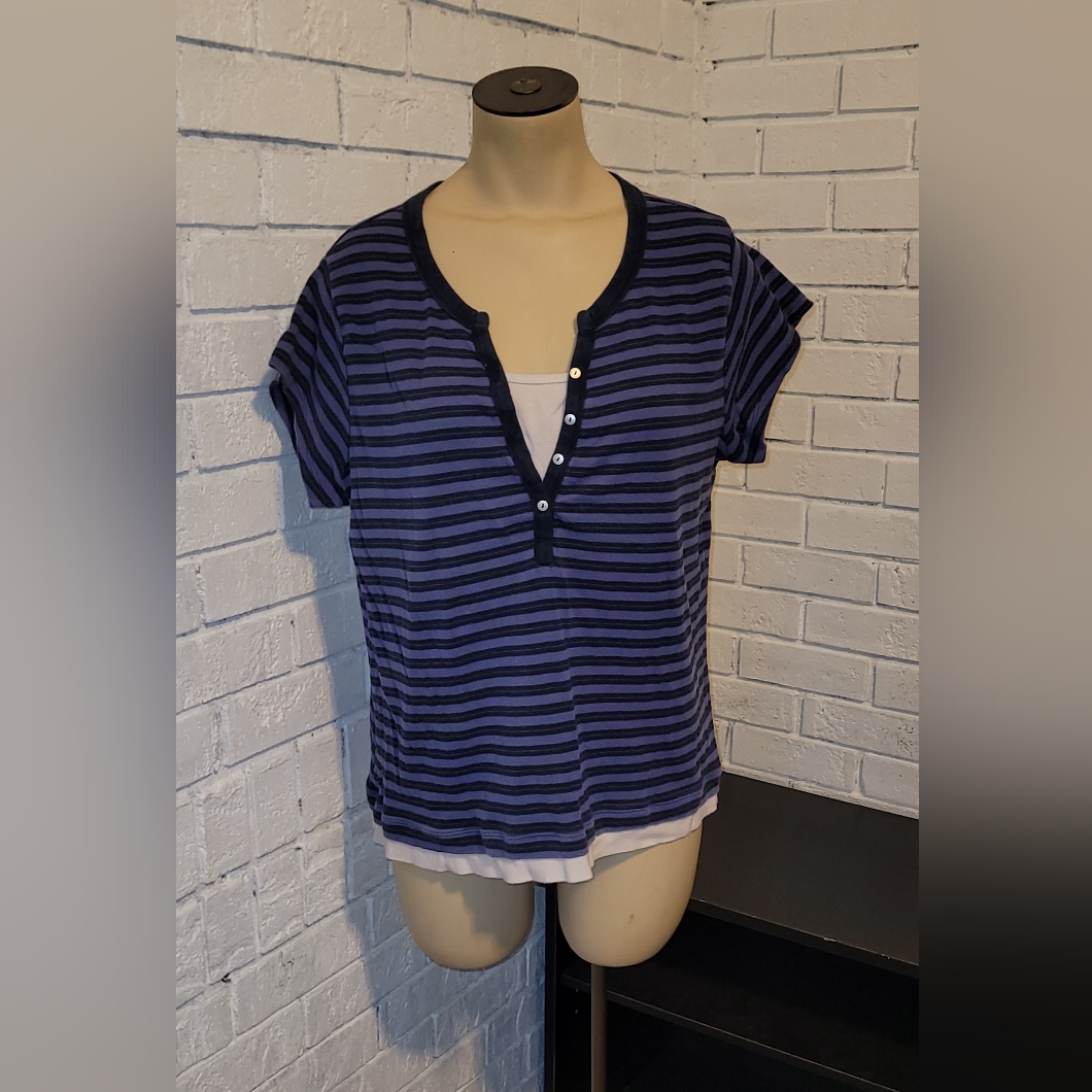 White Stag L (12/14) Striped Henley Top - Blue And Navy Blue